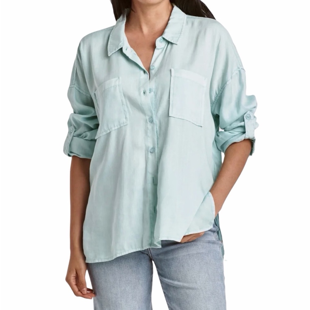 Dear John Arianna Button Down Blouse Tencel Front Tie Pastel Blue Oversized XS
